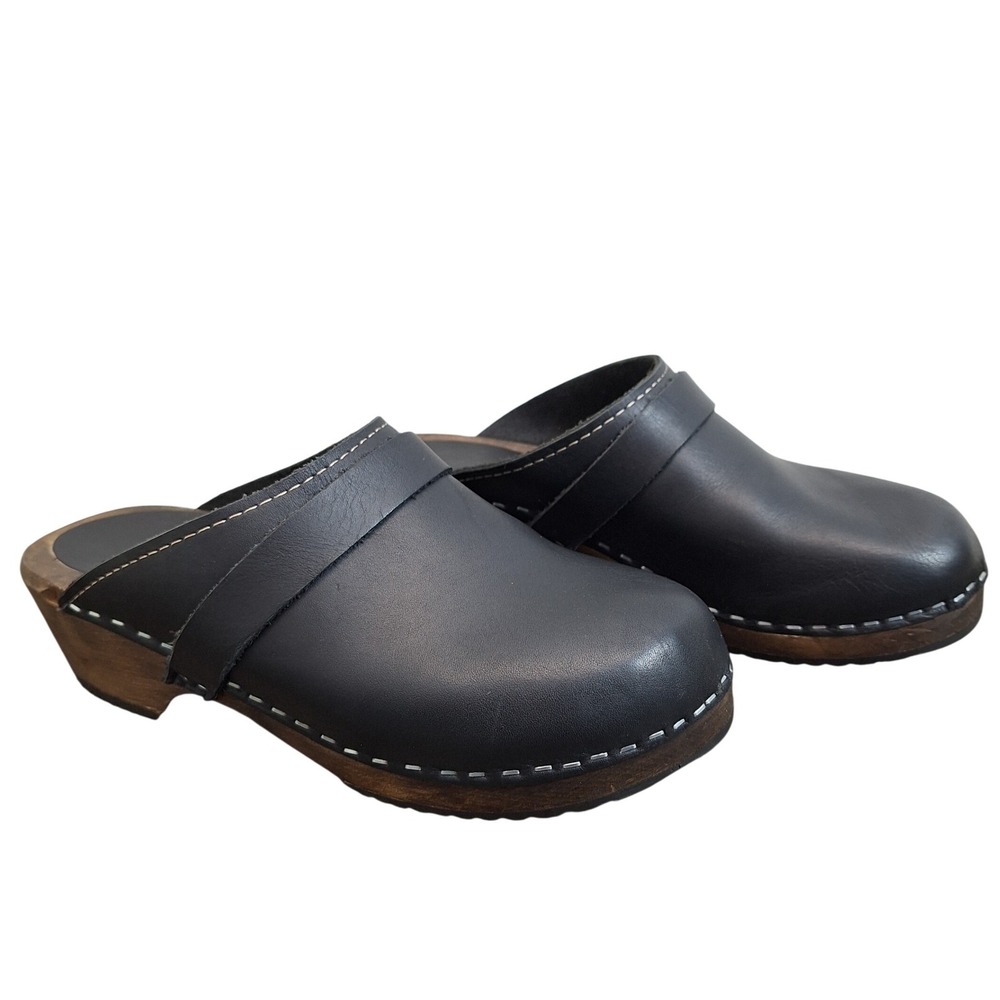 Swedish Hasbeens Black Leather Wooden Clogs Mules Size 7.5 Slip On Platform Shoe - Picture 2 of 7